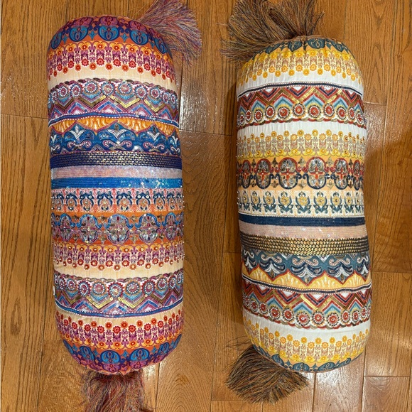 Boho Beaded Bolster Pillows Set of 2 – Sequin Embroidered Tassel Accent Cushions